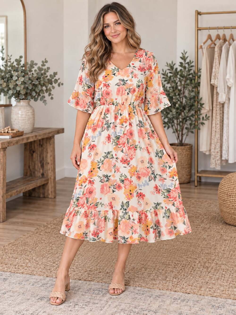 Lucy Avenue Floral Midi Dress Women’s M Ivory V-Neck Ruffle Hem Made USA